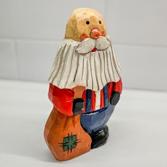 Primitive Folk Art Handcarved Wooden Bald Santa in Overalls-Country Santa-5.25”H - Picture 3 of 8